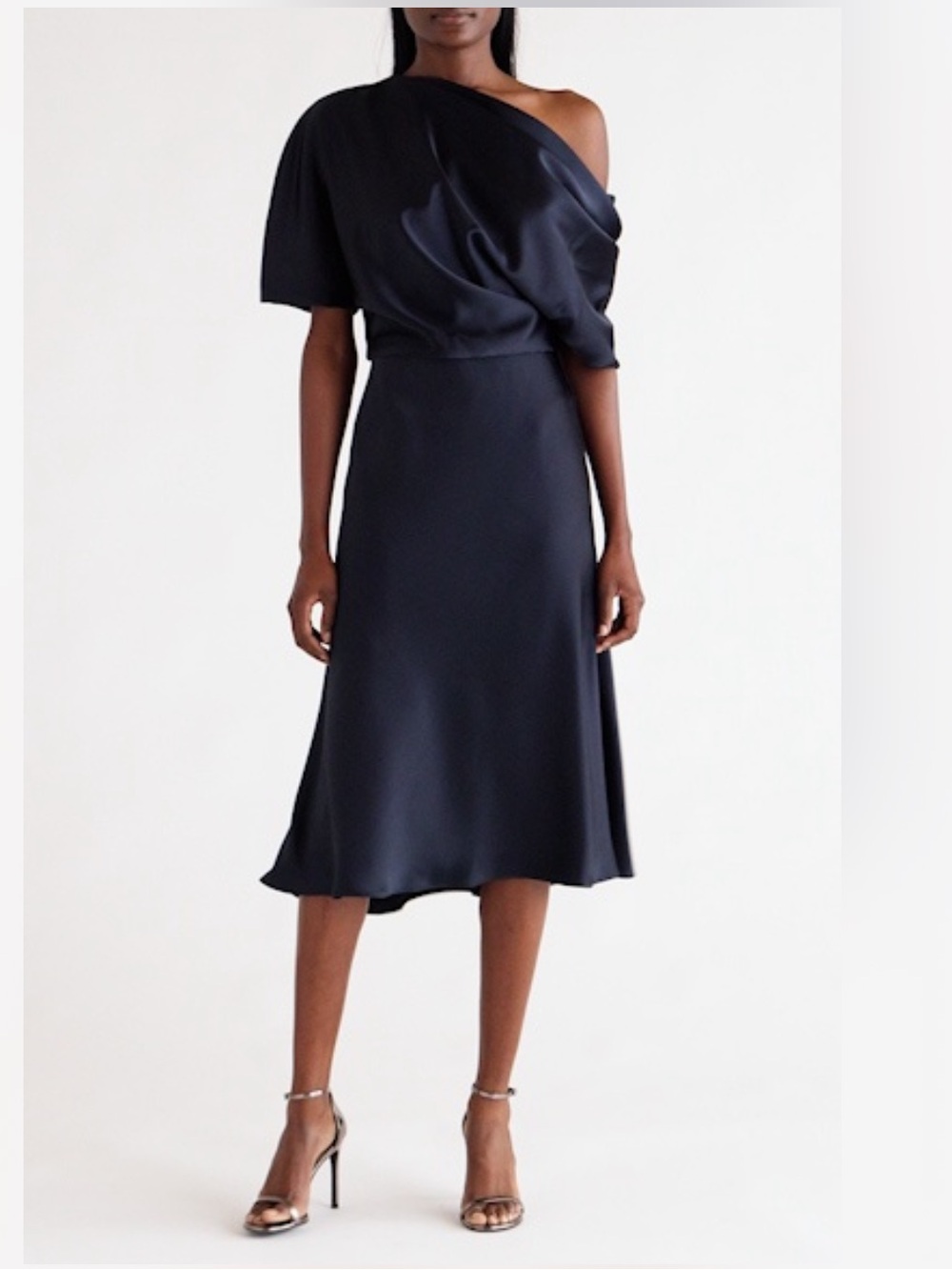 AMSALE Drapped One-Shoulder Fluid Satin Cocktail Midi Dress In Navy Blue size 6